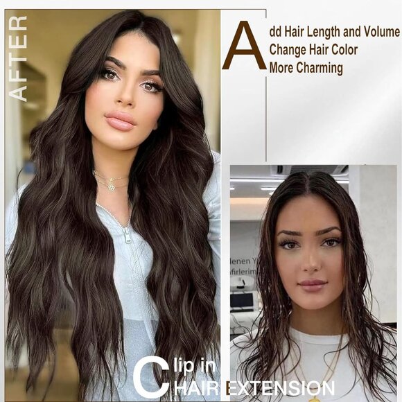 New Clip-in Hair Extensions Dark Brown 4PCS Long Wavy Soft Thick Synthetic - Picture 4 of 6